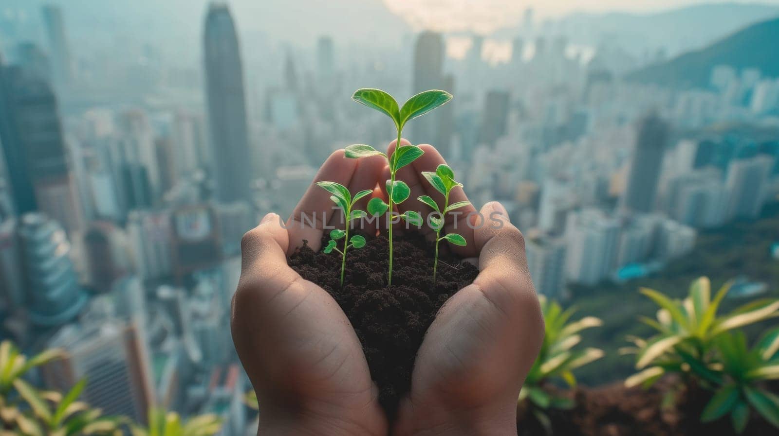 Hands holding small saplings growing, with a city and industries in the background. Generative AI.