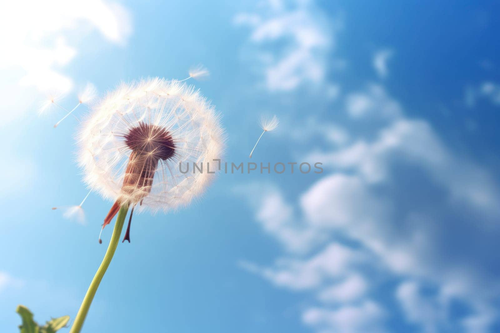 Dandelion in the wind on blue sky.