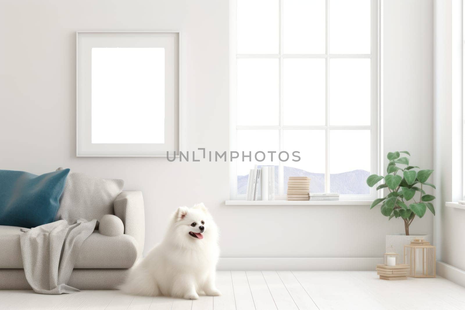 Picture a bright and airy living room with a white frame mockup with Pomeranian dog Generative AI.