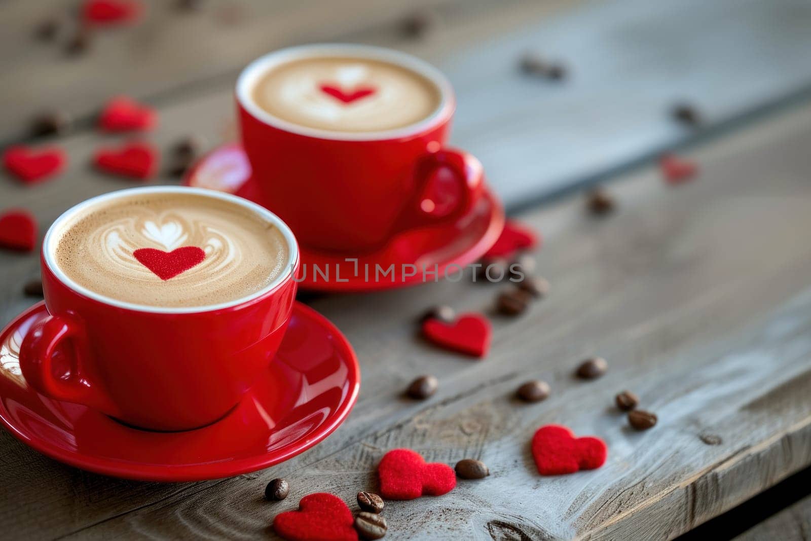 Red valentine coffee latte cups with heart decorations. Generative AI by golfmerrymaker