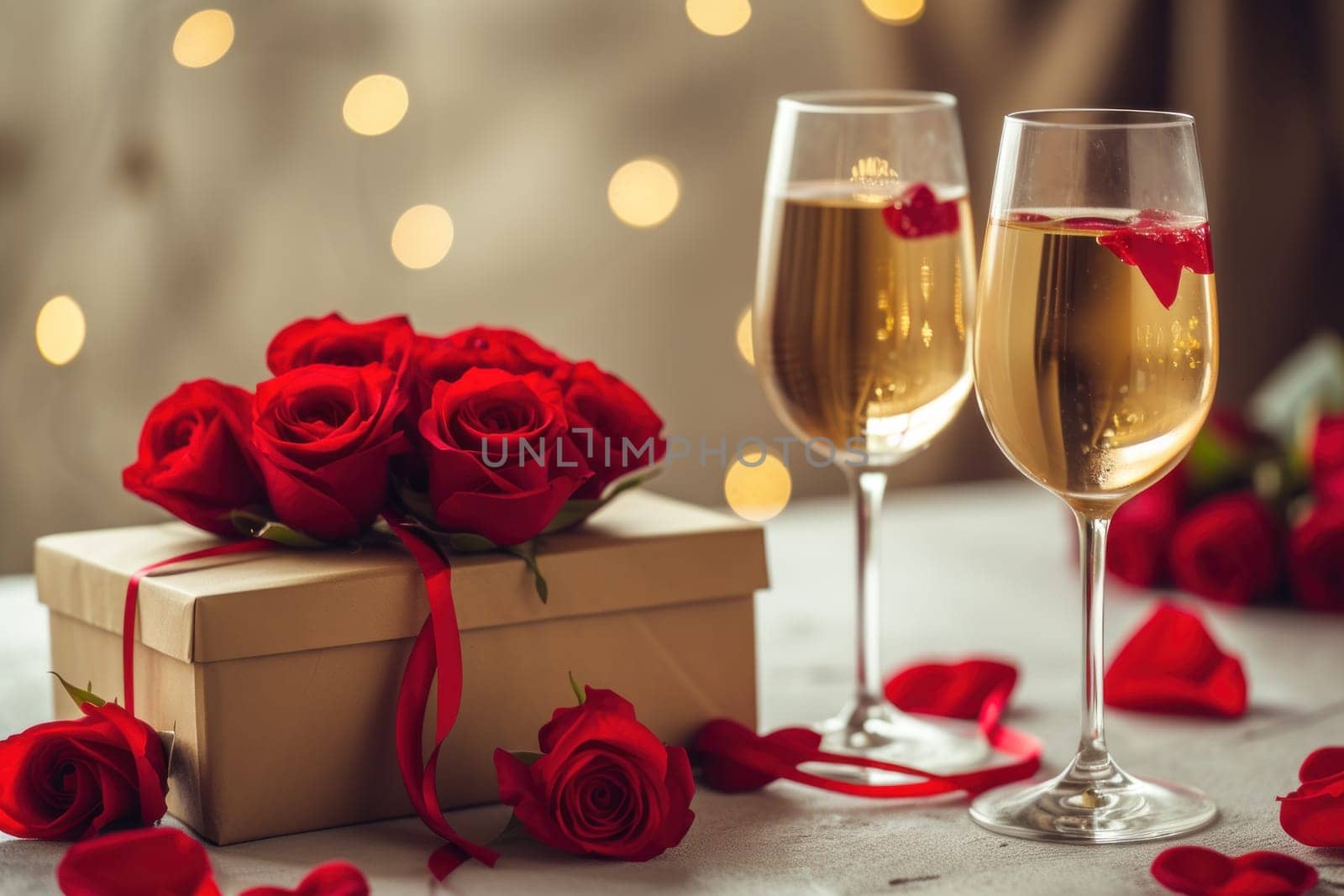 Red flower roses next to a wine gift box two wine glasses holding wine. Generative AI by golfmerrymaker