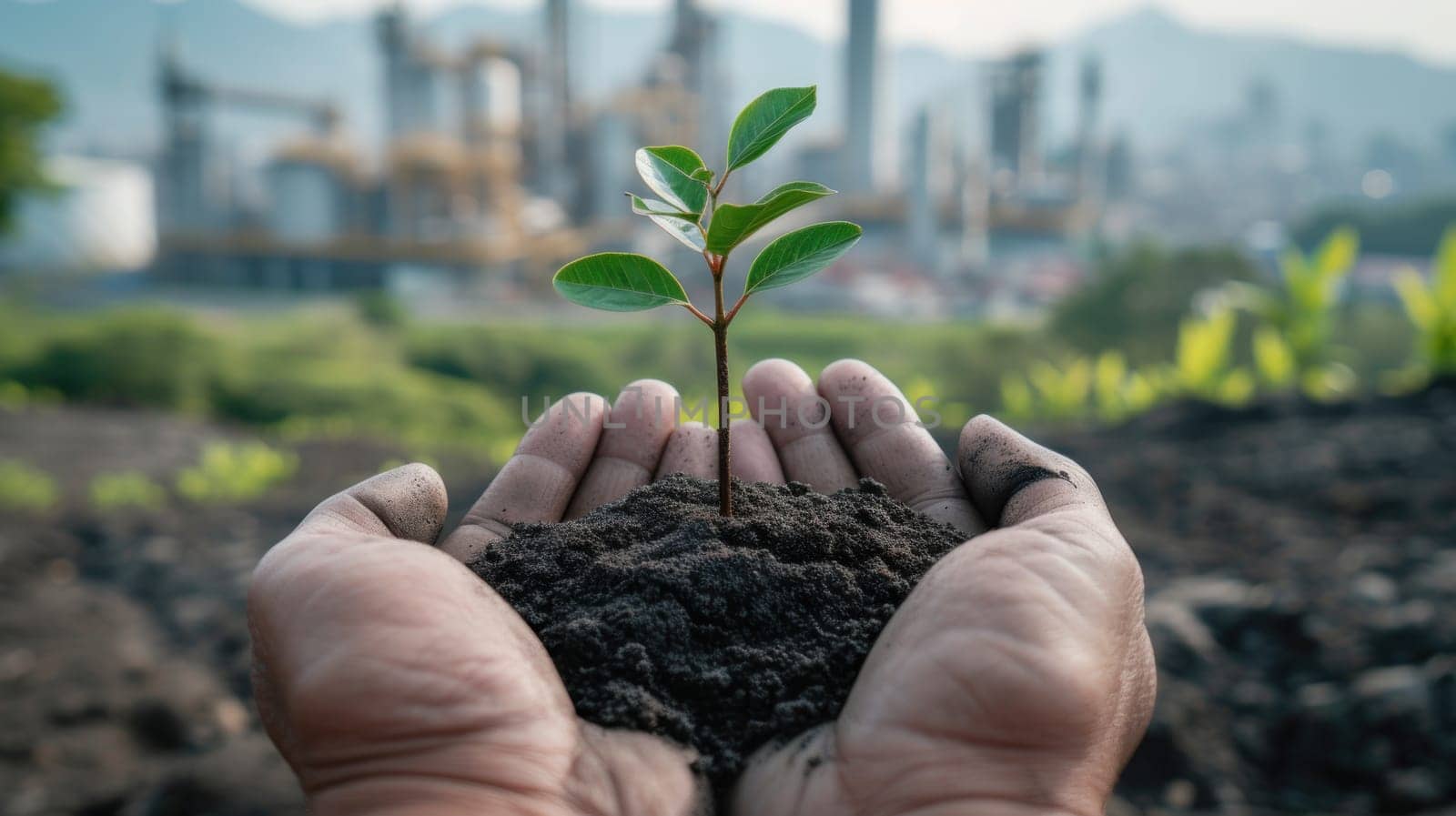 Hands holding small saplings growing, with a city and industries in the background. Generative AI.