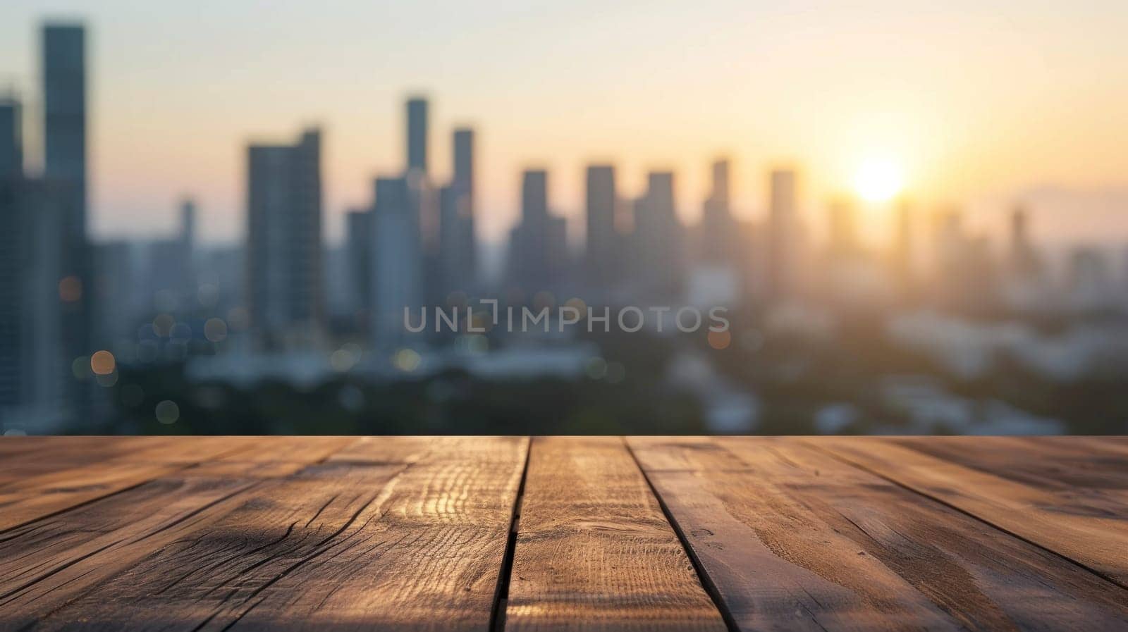 Empty wooden table with city view background, for product display. Generative AI.