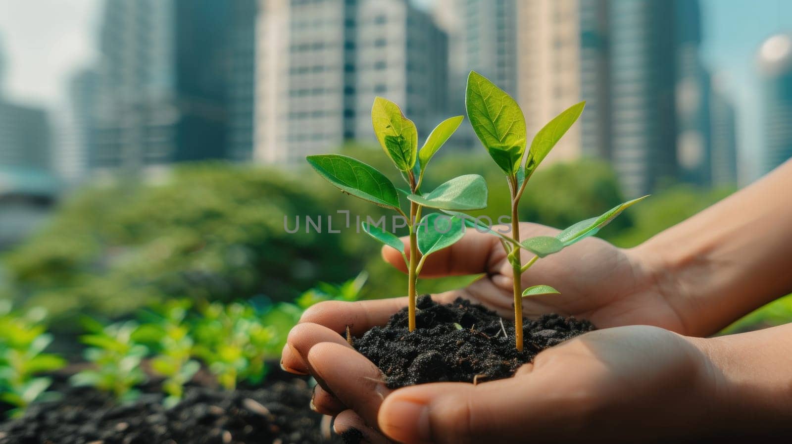 Hands holding small saplings growing, with a city and industries in the background. Generative AI.