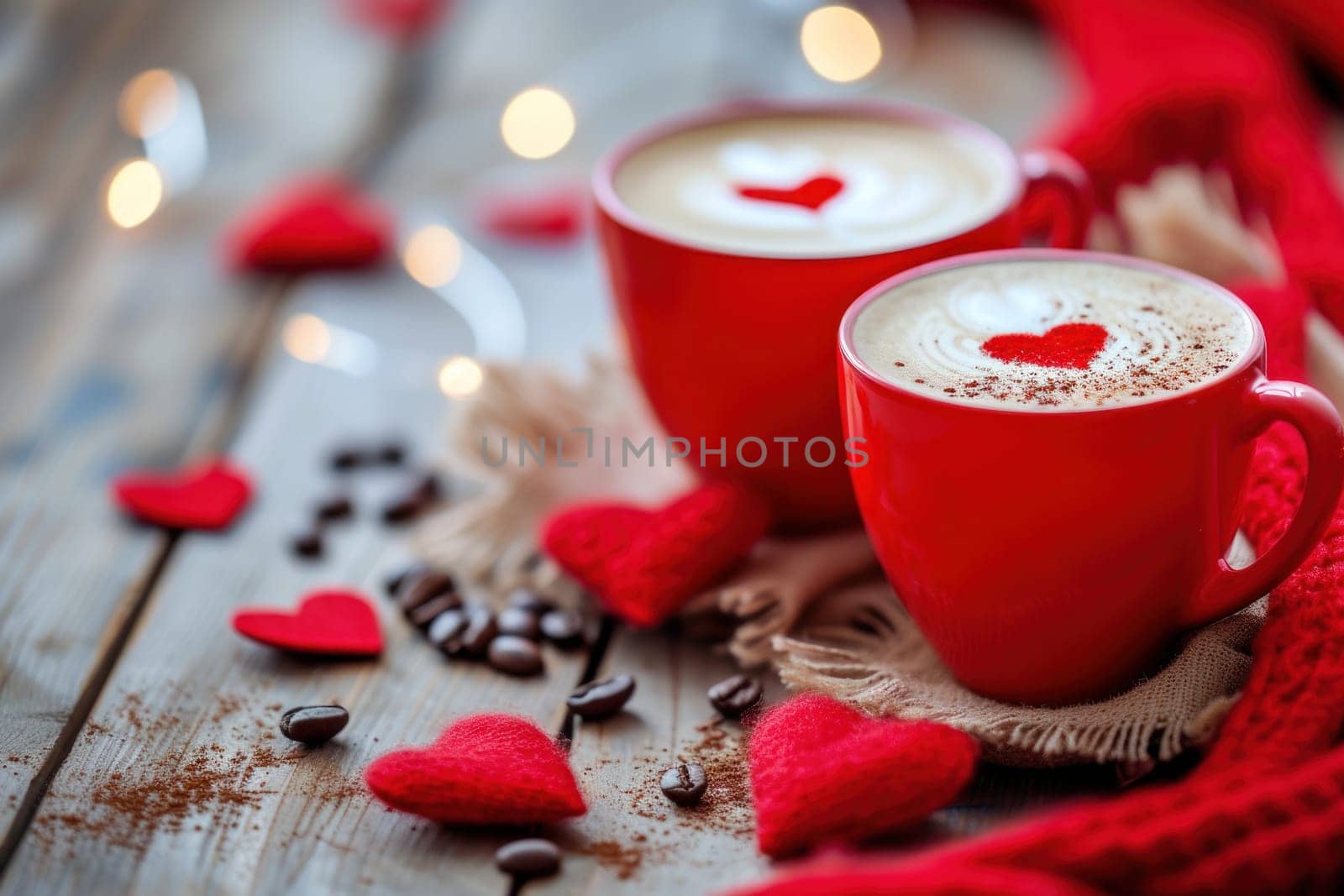 Red valentine coffee latte cups with heart decorations. Generative AI.