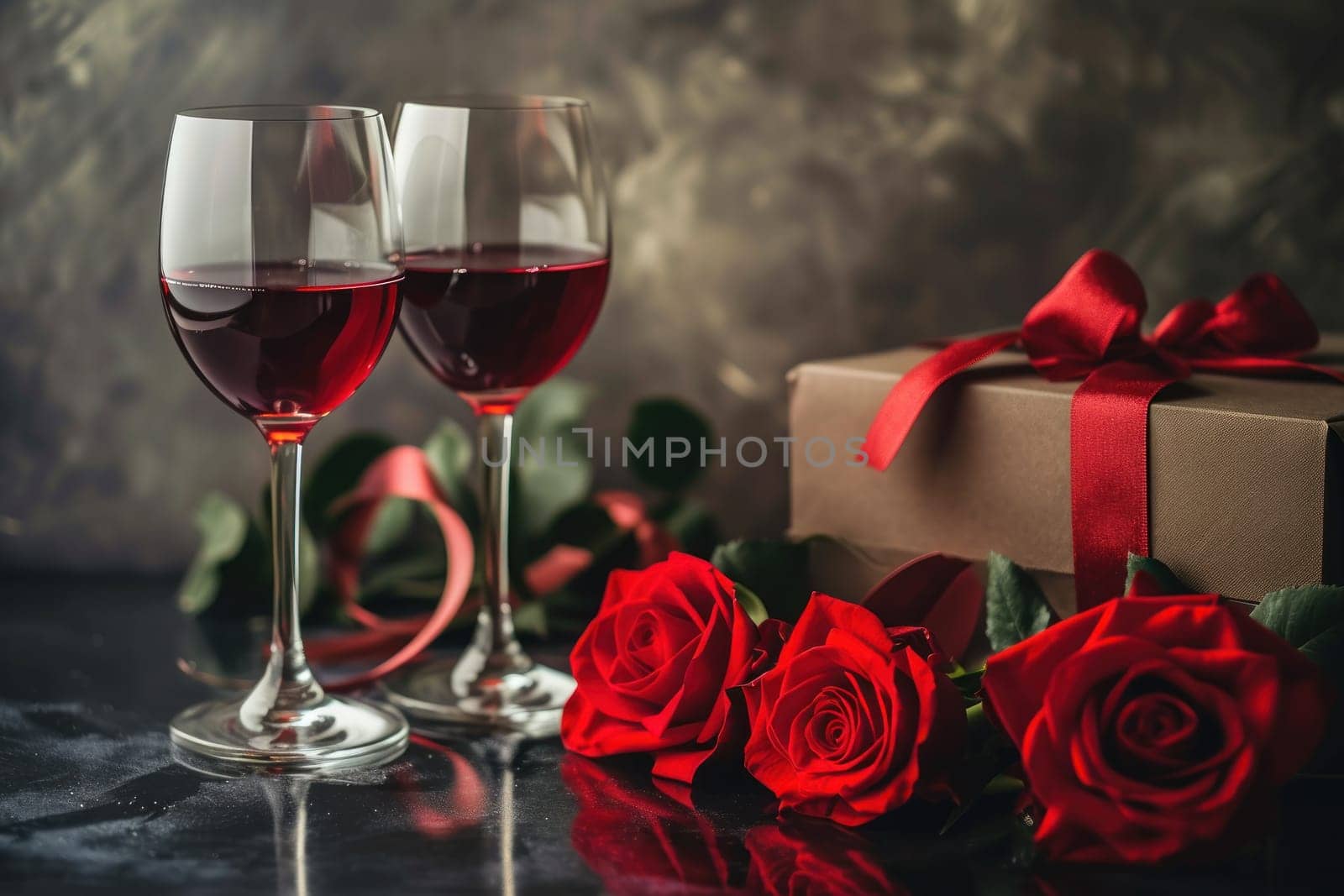 Red flower roses next to a wine gift box two wine glasses holding wine. Generative AI by golfmerrymaker