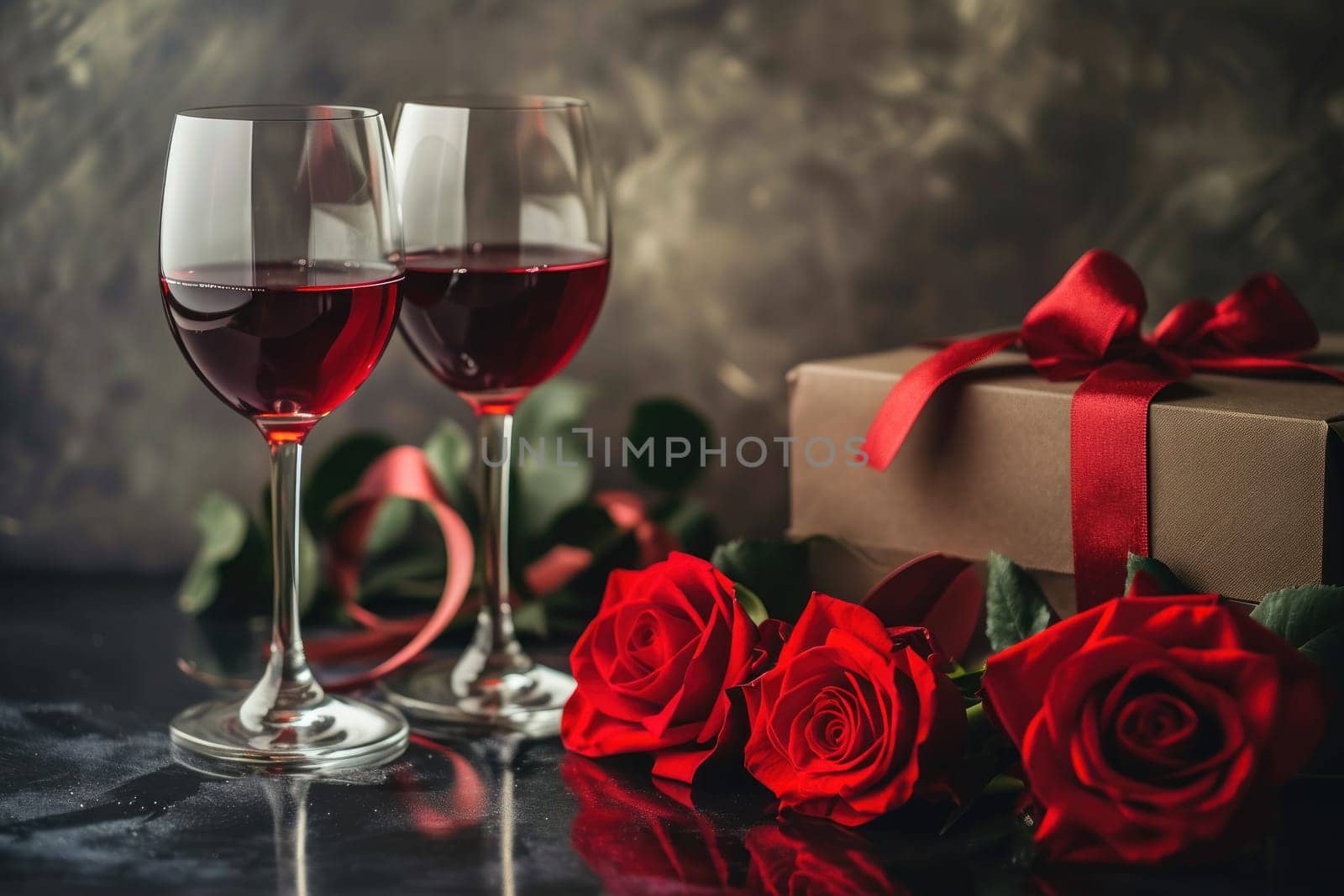 Red flower roses next to a wine gift box two wine glasses holding wine. Generative AI.