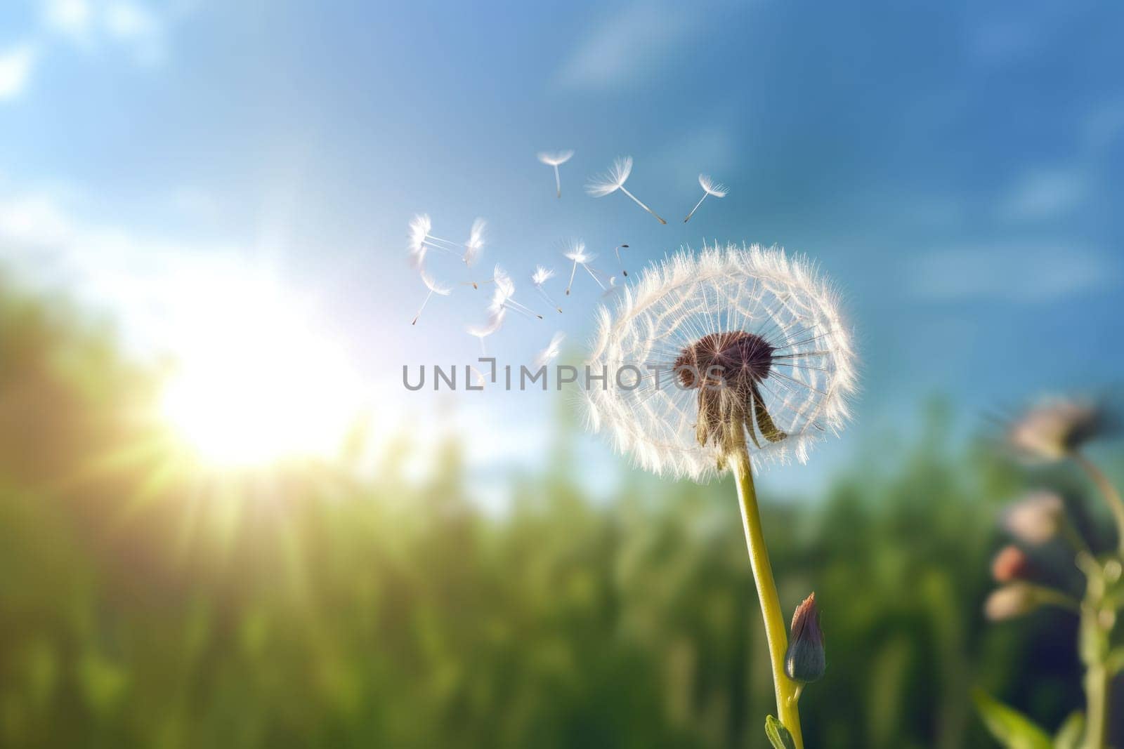 Dandelion in the wind on blue sky.