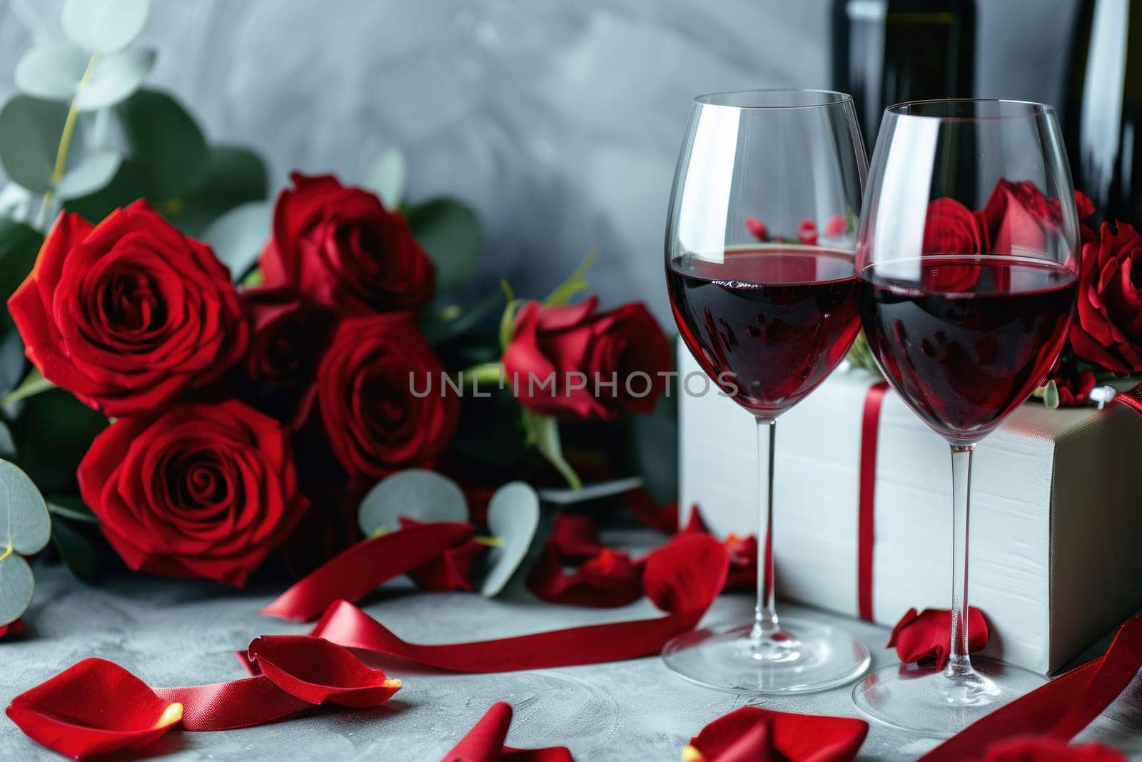 Red flower roses next to a wine gift box two wine glasses holding wine. Generative AI.