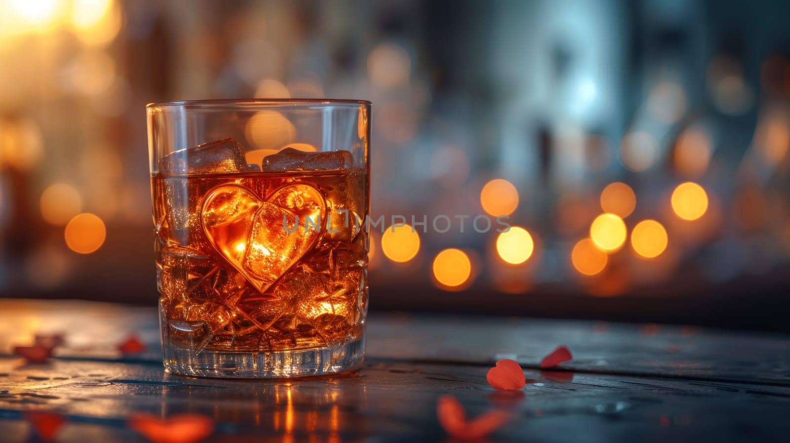 Heart shaped ice in a glass of whiskey on a table with lights bokeh in the background. Generative AI.