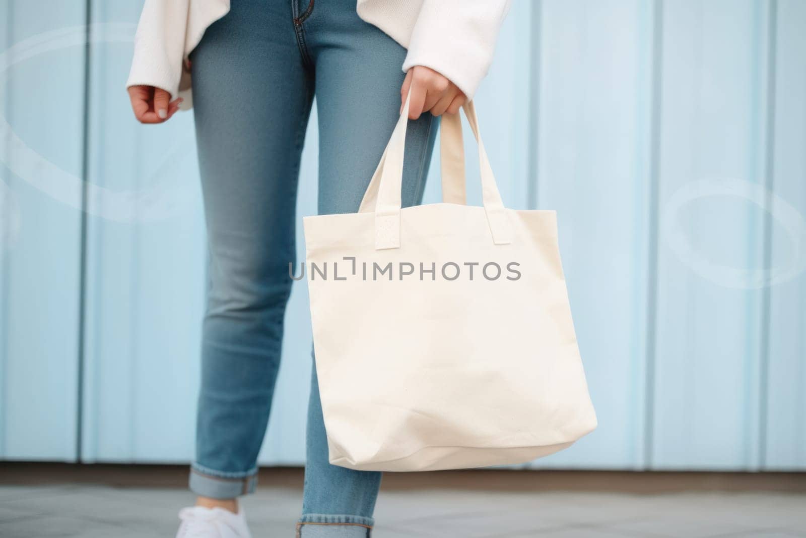 Model hold blank white fabric mockup bag for save environment on street fashion by nijieimu