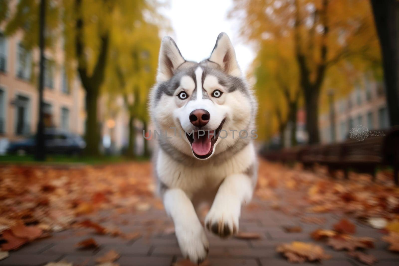 Unrecognizable a Dog run fast in city park autumn.