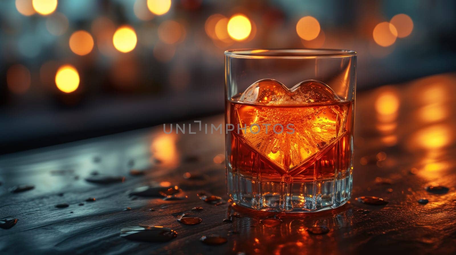 Heart shaped ice in a glass of whiskey on a table with lights bokeh in the background. Generative AI by golfmerrymaker