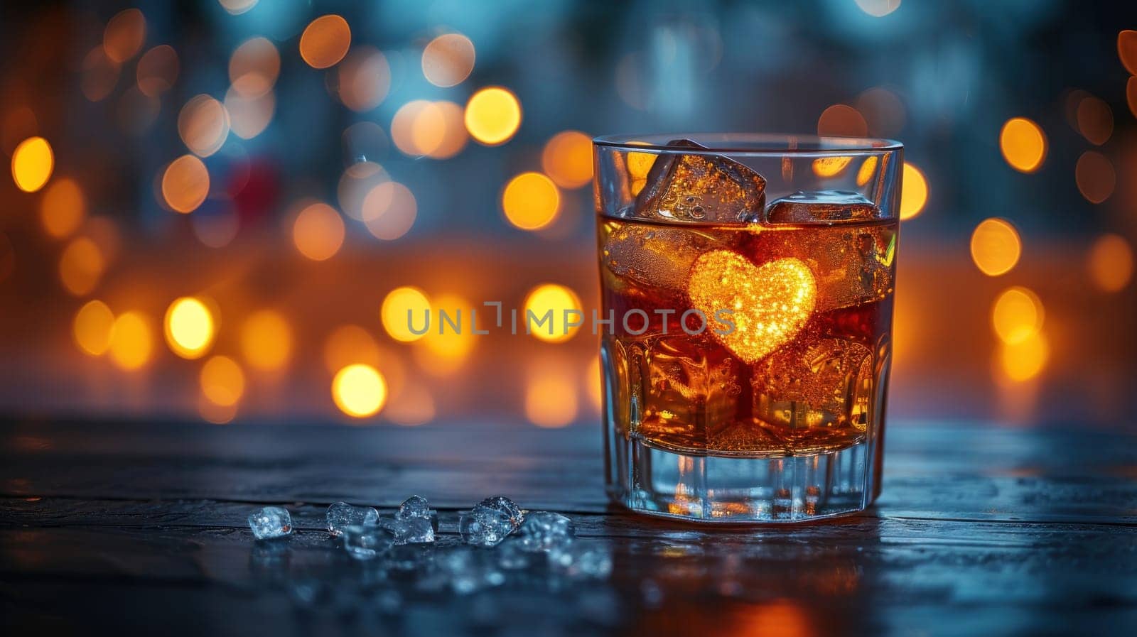 Heart shaped ice in a glass of whiskey on a table with lights bokeh in the background. Generative AI.