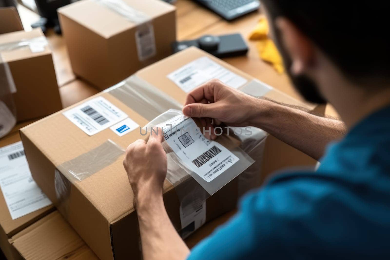 Close up Using stickers to label packages for shipping Documents Checklist Generative AI.