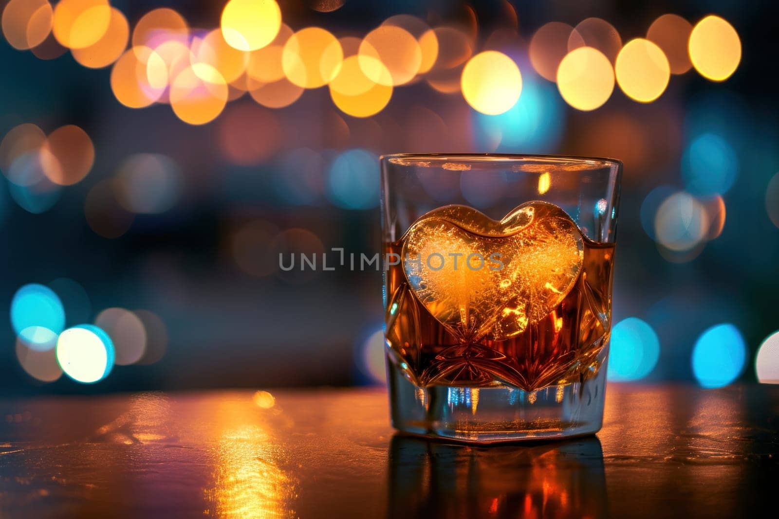 Heart shaped ice in a glass of whiskey on a table with lights bokeh in the background. Generative AI by golfmerrymaker