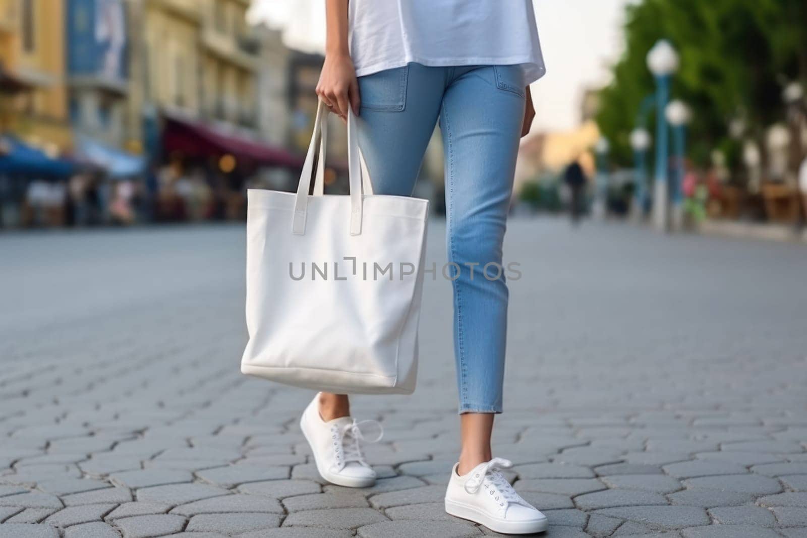 Model hold blank white fabric mockup bag for save environment on street fashion by nijieimu