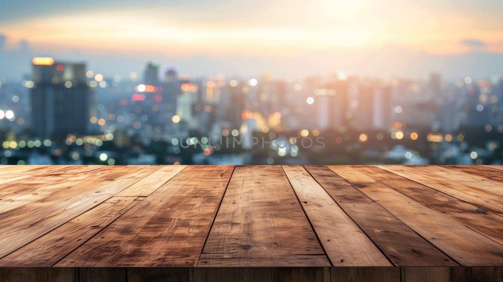 Empty wooden table with city view background, for product display. Generative AI.