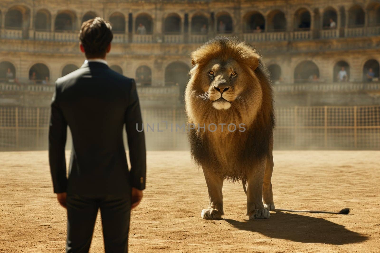 A Brave businessman facing a big lion Generative AI.
