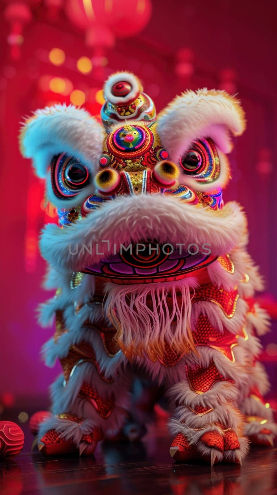 Lion dance costume performing in China, Lunar new year celebration. Generative AI.