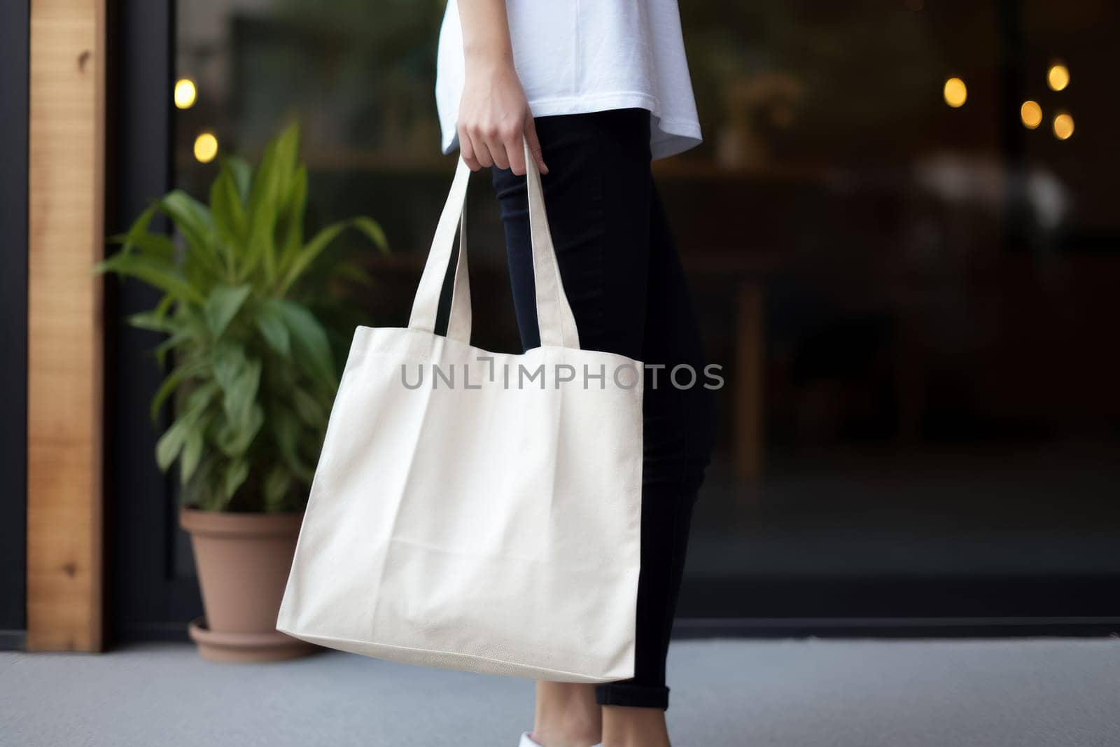 Model hold blank white fabric mockup bag for save environment on street fashion by nijieimu