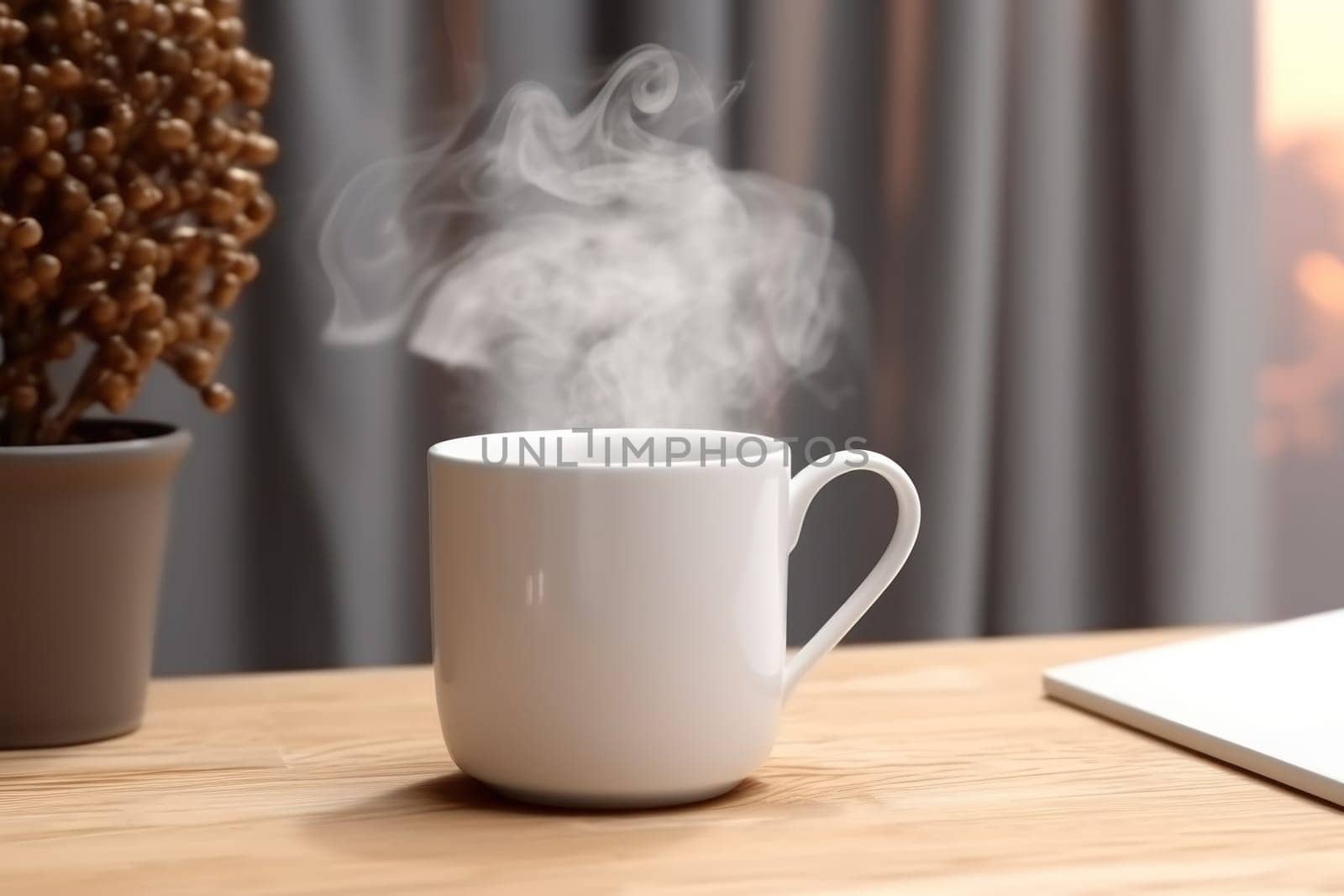 Blank white coffee mug mockup on work desk Generative AI.