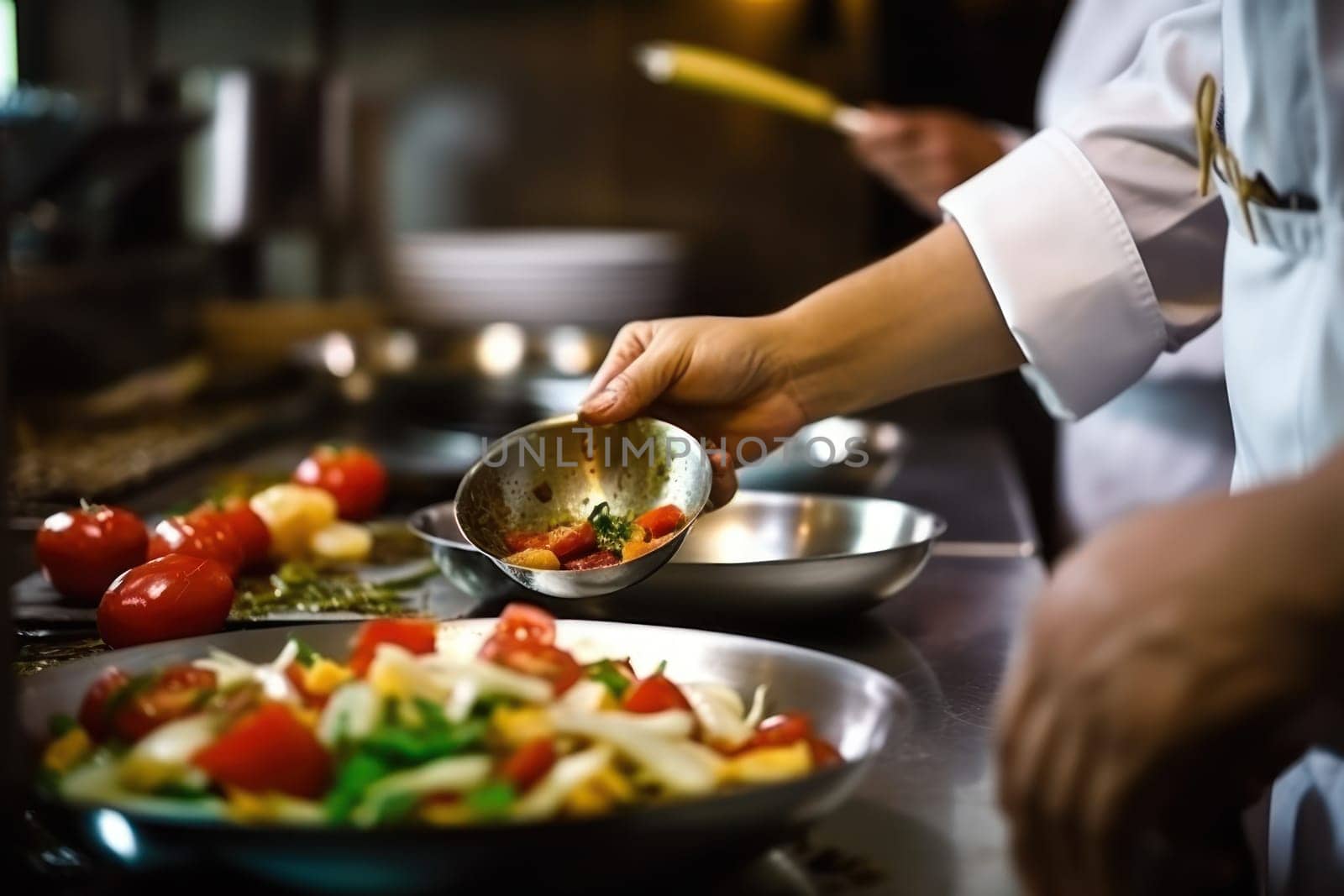 Close up of a professional chef preparing a delicious gourmet dish in a modern kitchen.