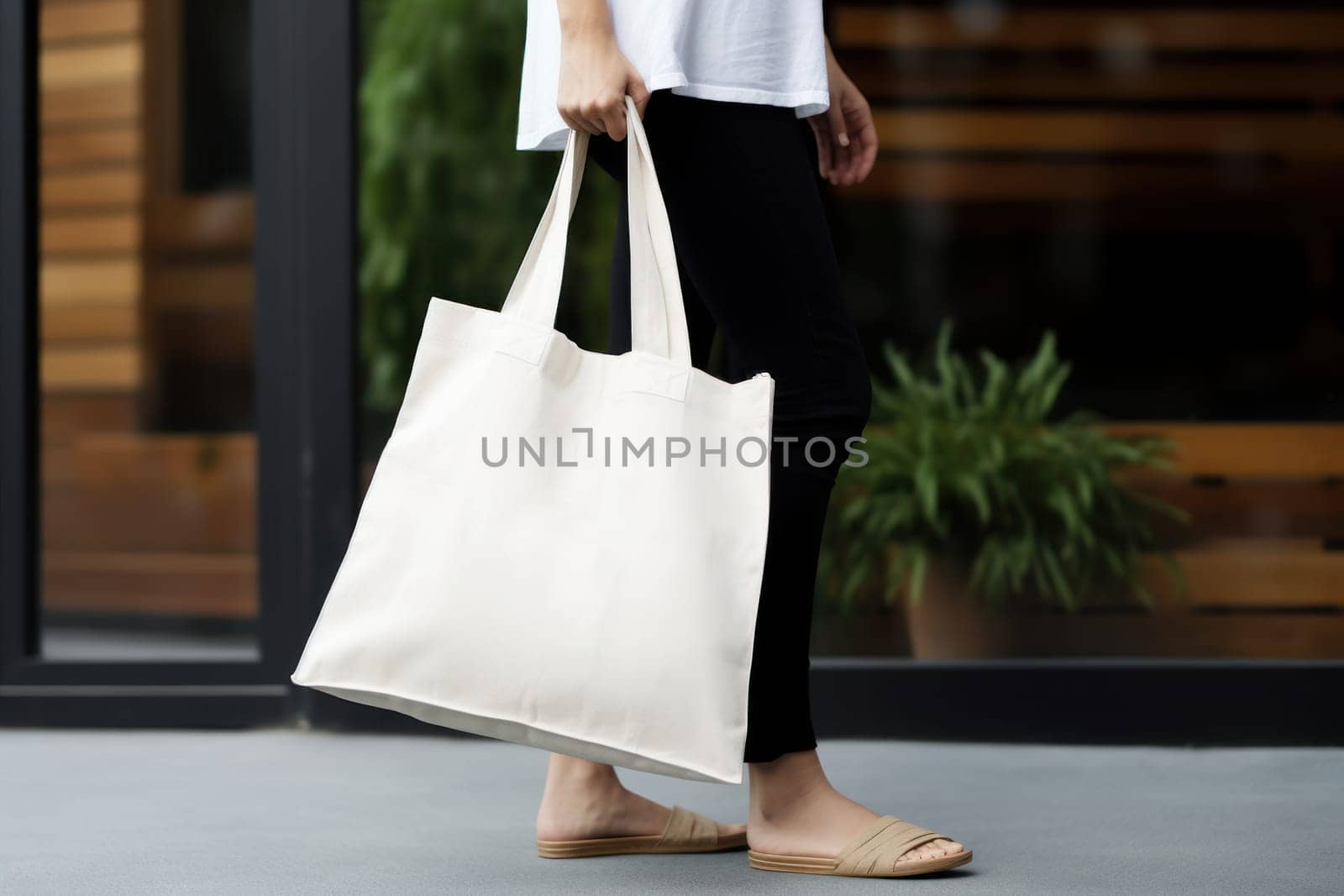 Model hold blank white fabric mockup bag for save environment on street fashion by nijieimu