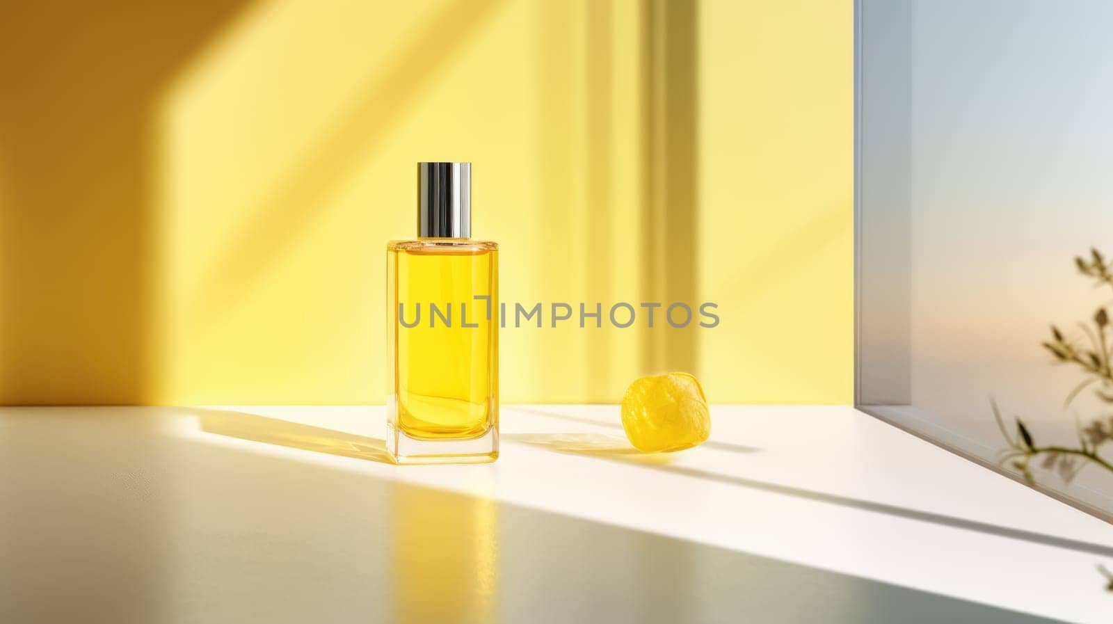 Transparent yellow glass perfume bottle mockup on pedestal with minimalist background. Eau de toilette. Mockup, spring flat lay. by JuliaDorian