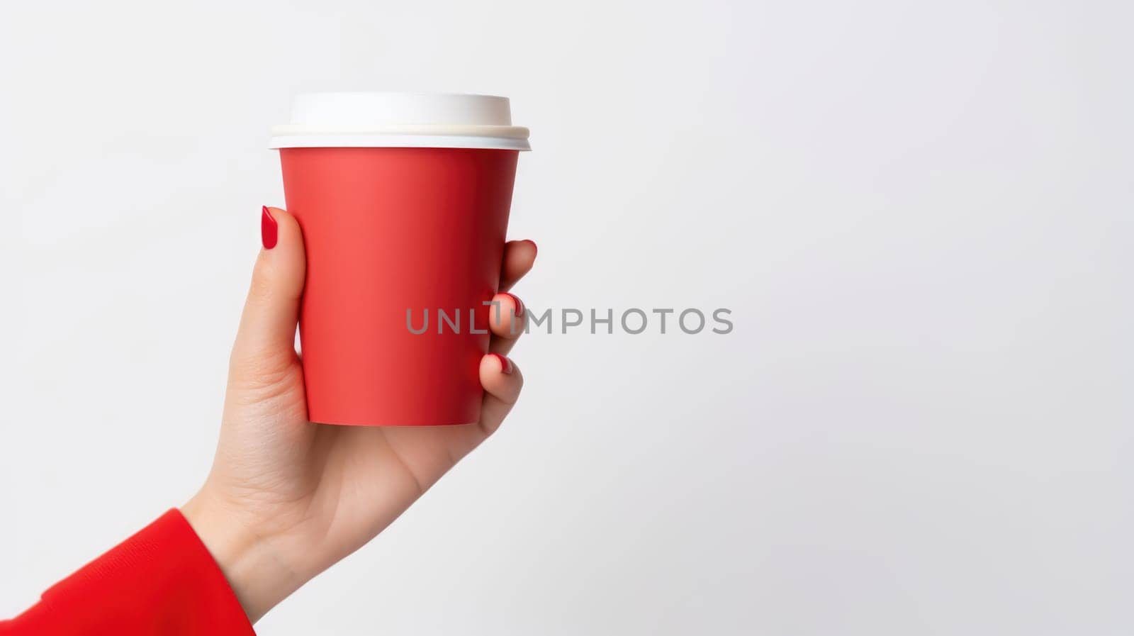 Hand holding red disposable take out coffee cup on white background. Mockup, space for text