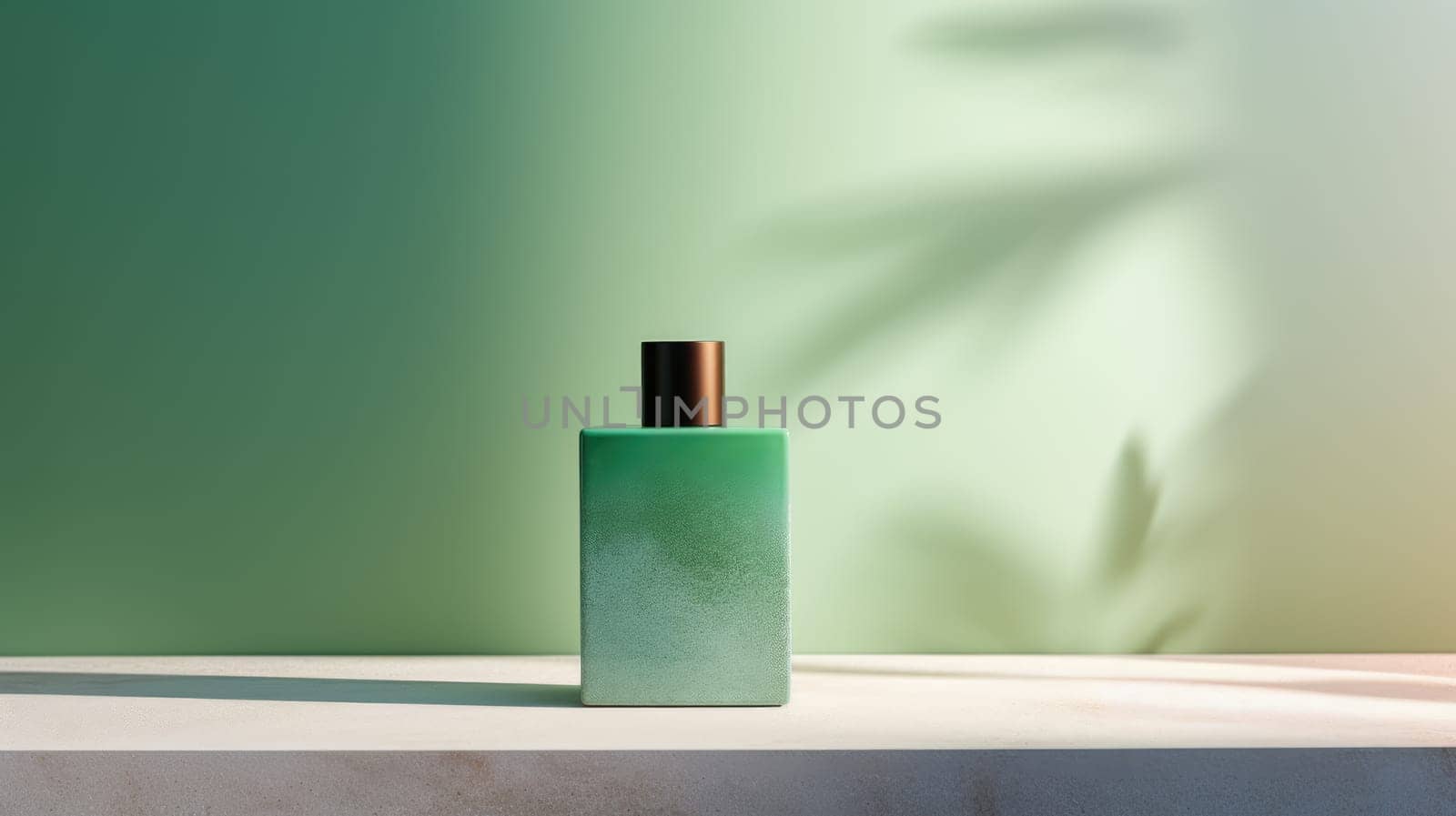 Transparent green glass perfume bottle mockup on pedestal with minimalist background. Eau de toilette. Mockup, spring flat lay. by JuliaDorian