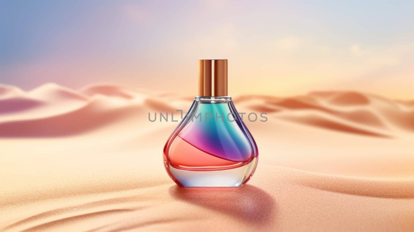 Transparent rainbow glass perfume bottle mockup with sandy background. Eau de toilette. Mockup, spring flat lay