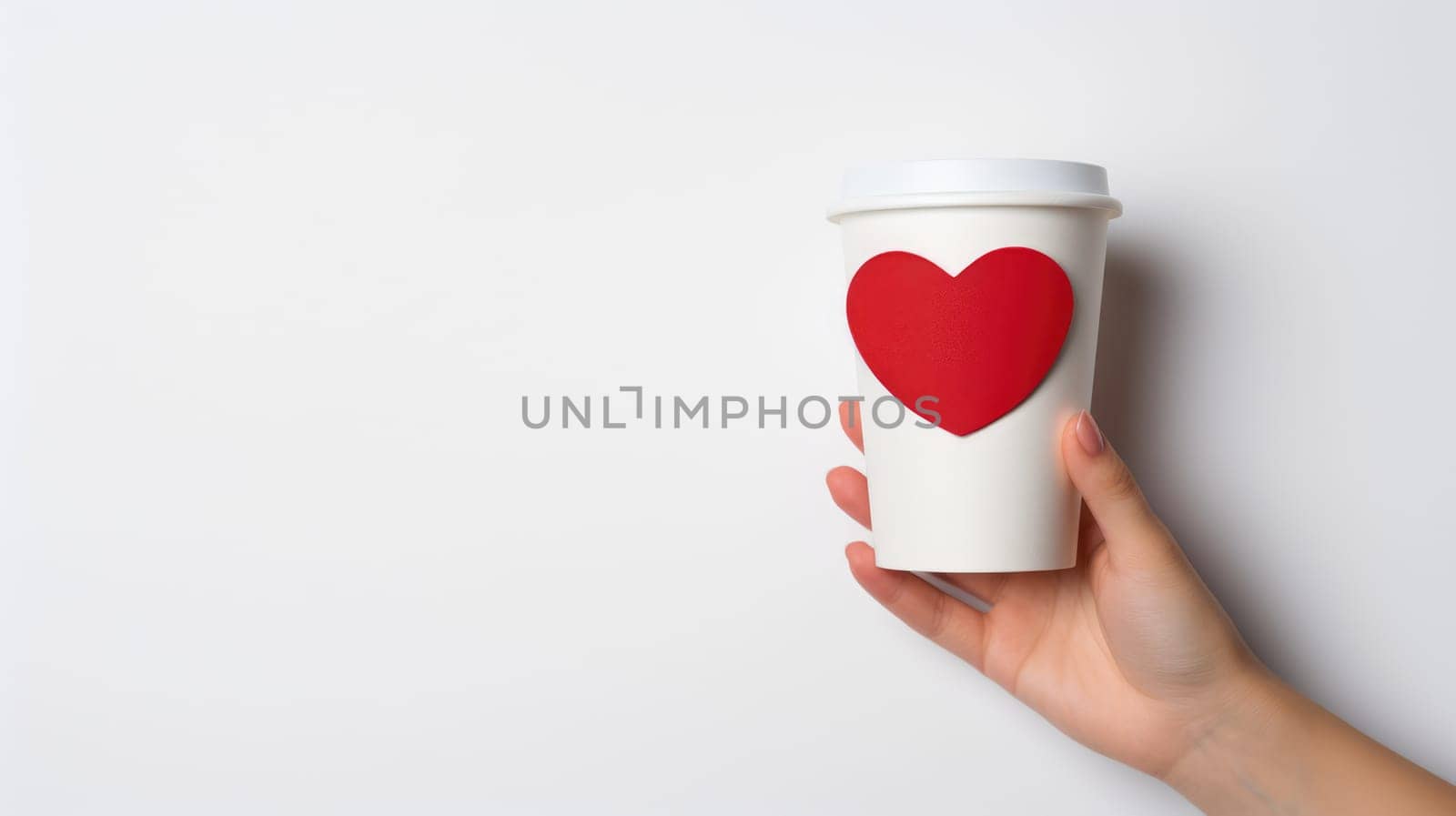 Hand holding white disposable take out coffee cup with red heart on white background. Mockup for Valentine's Day. by JuliaDorian
