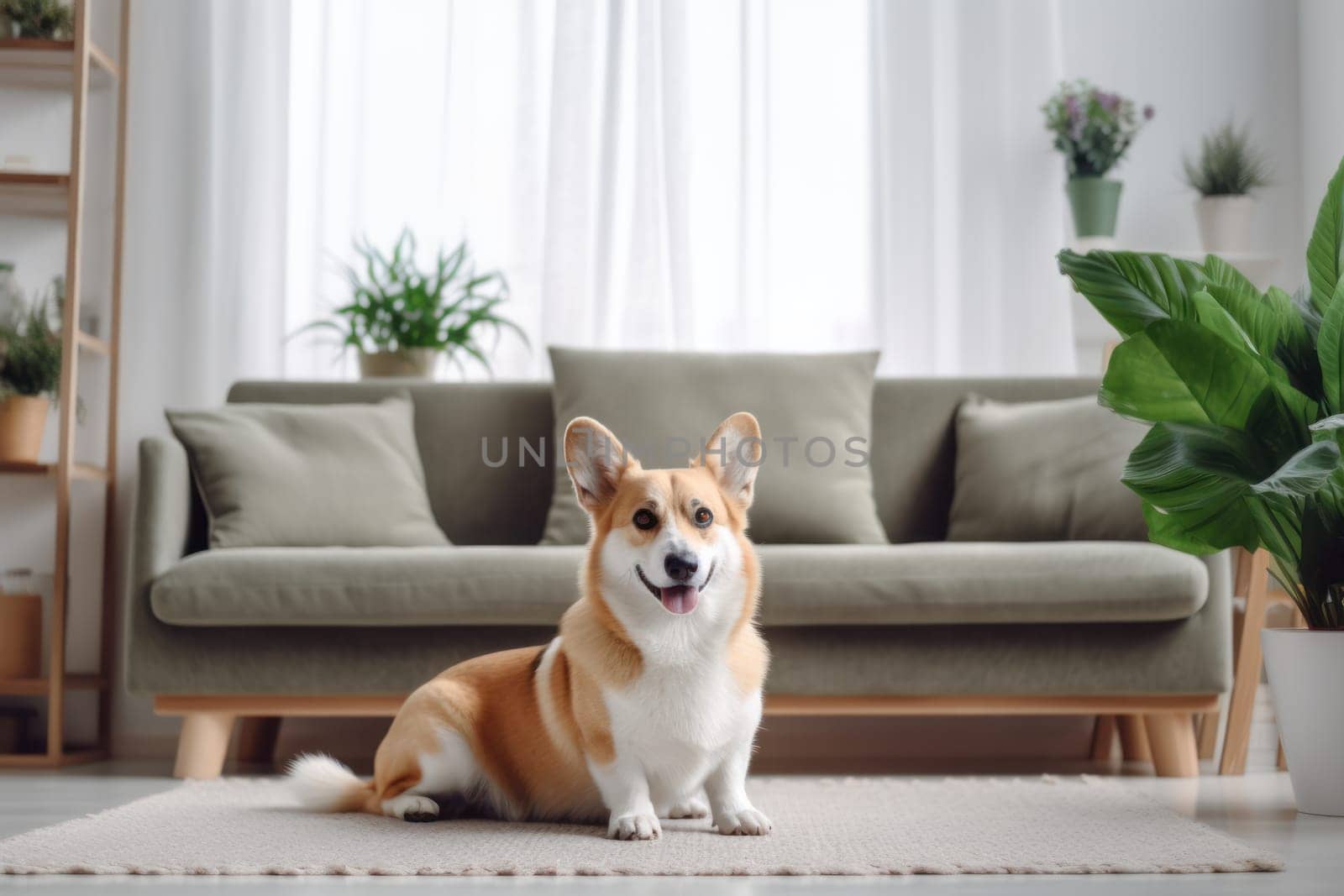 A Corgi sitting on grey Sofa Bed pet mat in living room Generative AI by nijieimu