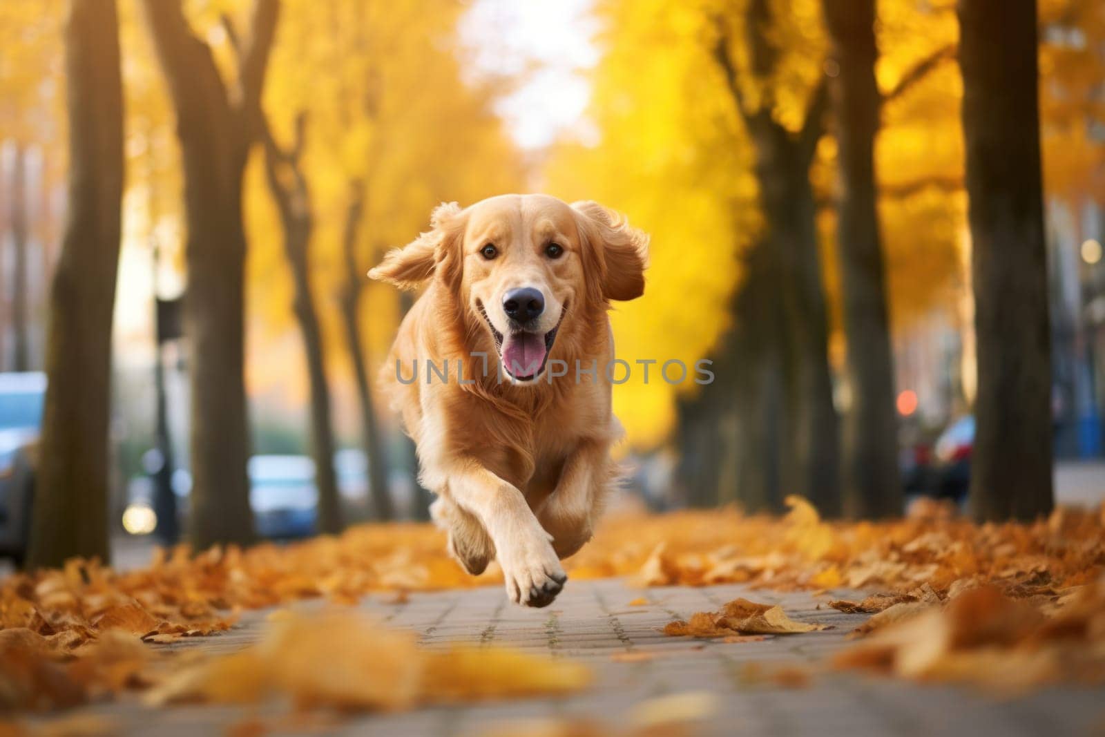 Unrecognizable a Dog run fast in city park autumn.