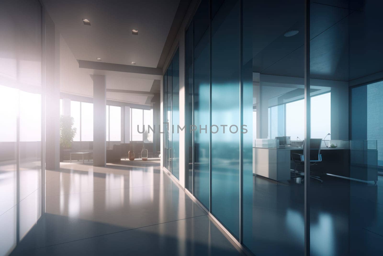 Beautiful blurred background of a light modern office interior with panoramic windows.