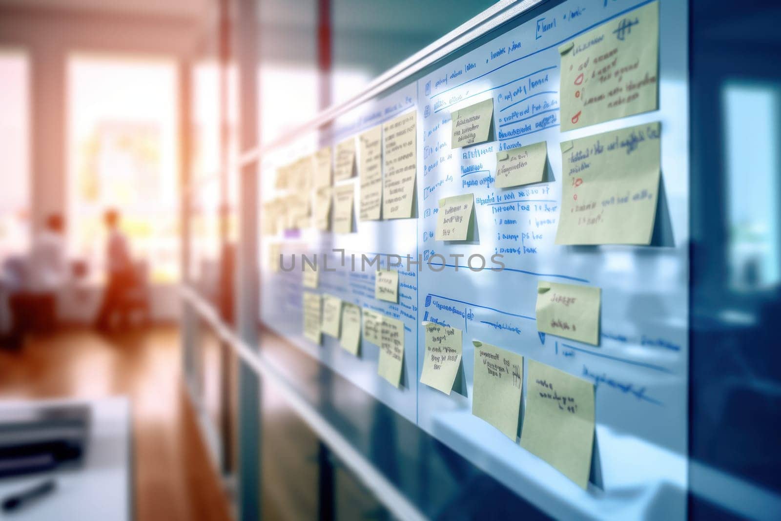 Blurred background of a whiteboard with project plans and timelines in office.