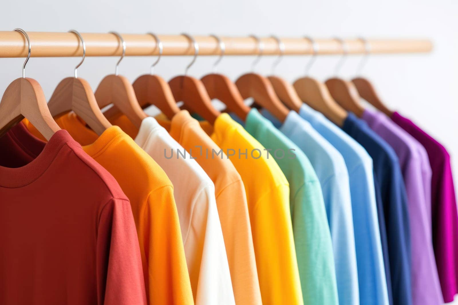 Close up a collection of t-shirts hanging on a clothes hanger.