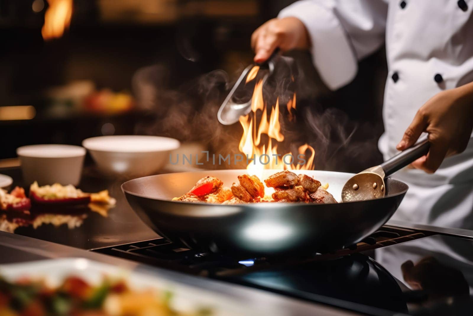 Close up of a professional chef preparing a delicious gourmet dish in a modern kitchen.