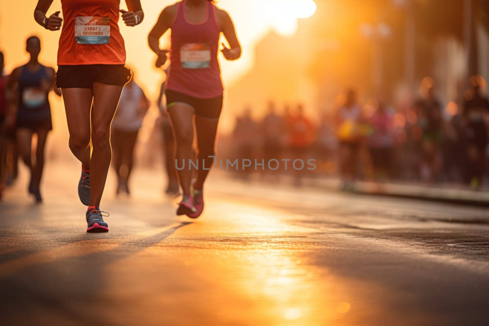 Marathon running in the light of morning or evening on city road detail Generative AI.
