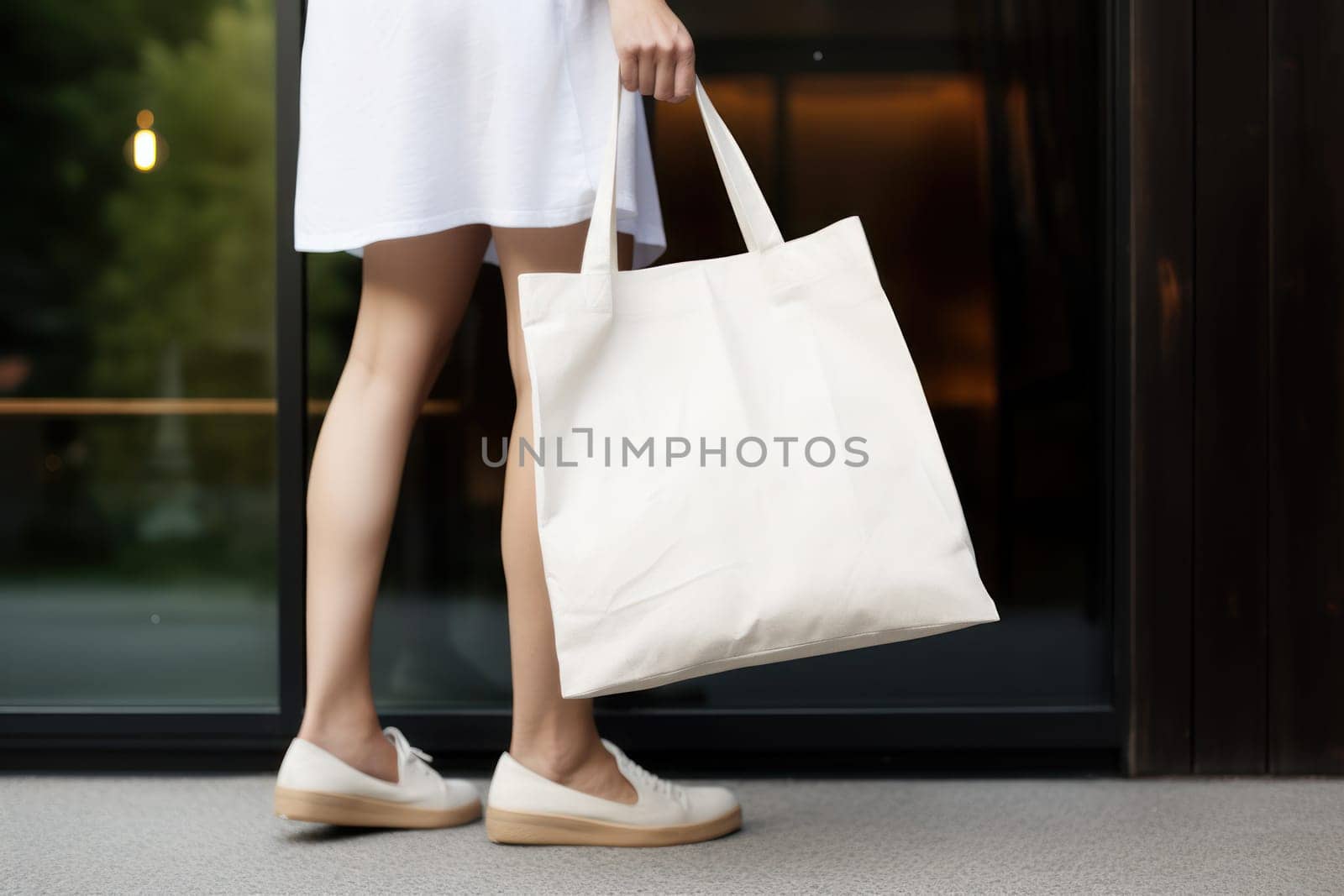 Model hold blank white fabric mockup bag for save environment on street fashion by nijieimu