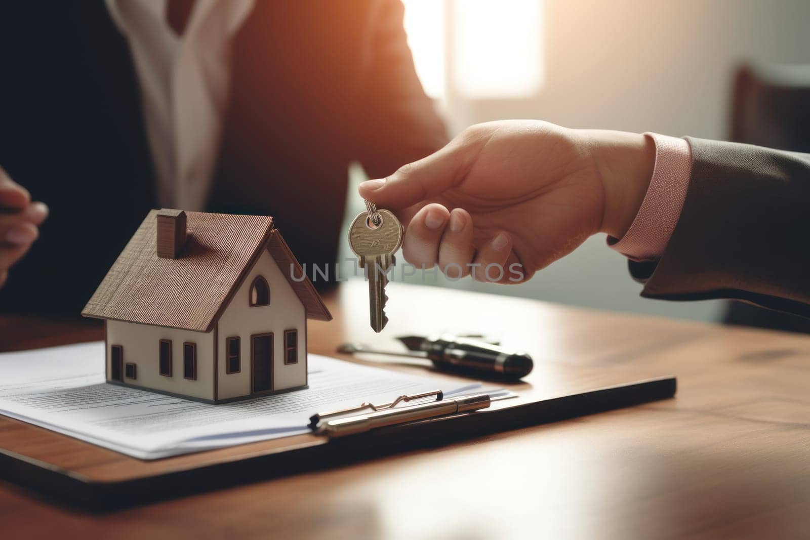 Real Estate Agent Giving Couple Key to a New House.