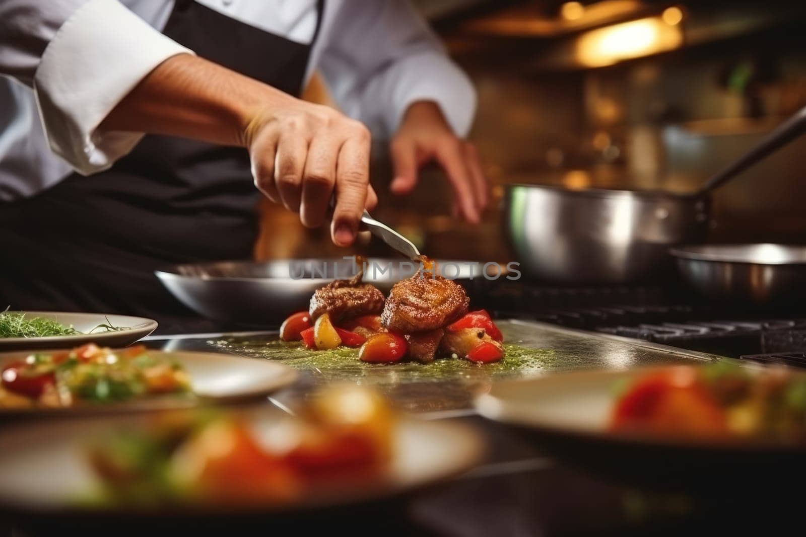 Close up of a professional chef preparing a delicious gourmet dish in a modern kitchen.
