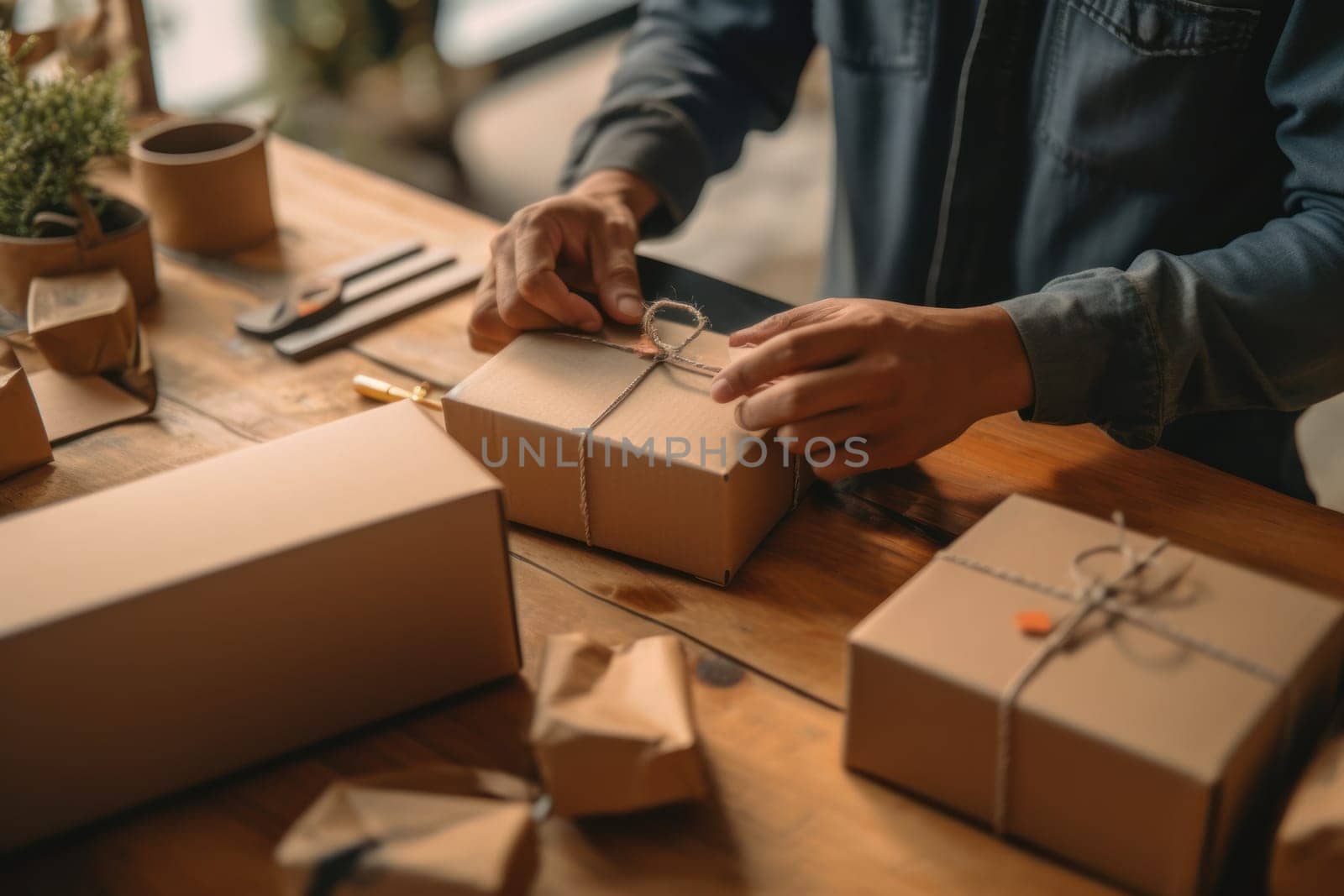 Online shopping young start small business in a cardboard box at work Generative AI.