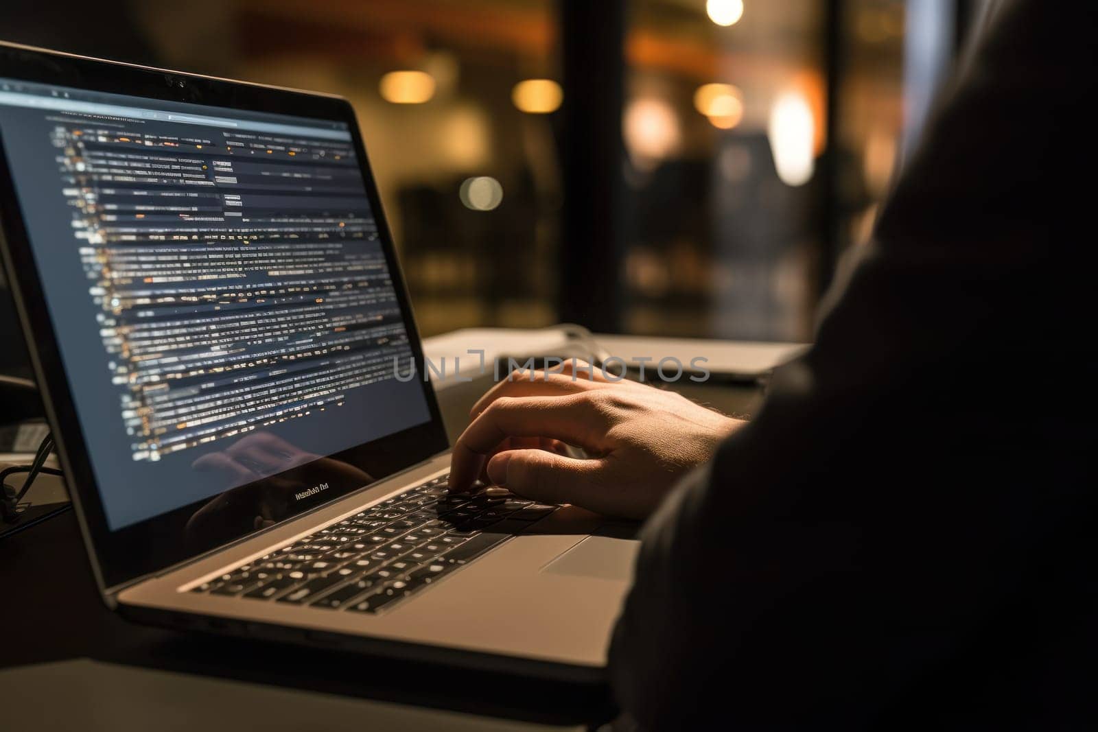 Close up of Computer programmer working on laptop.