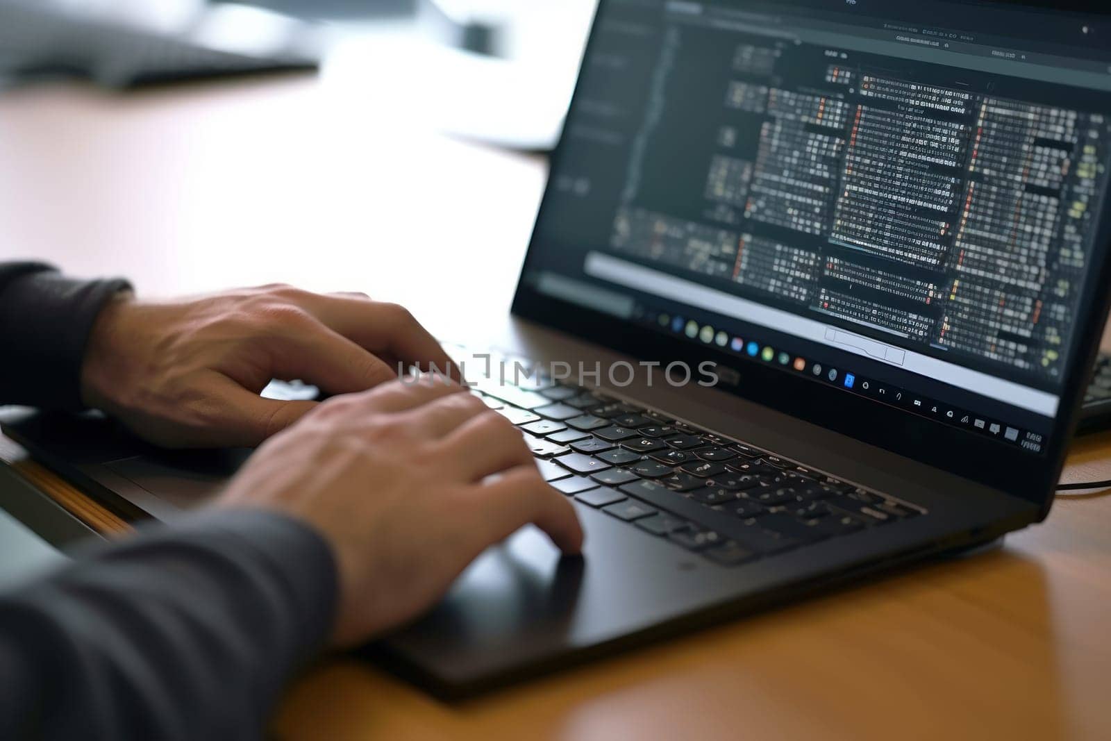 Close up of Computer programmer working on laptop.