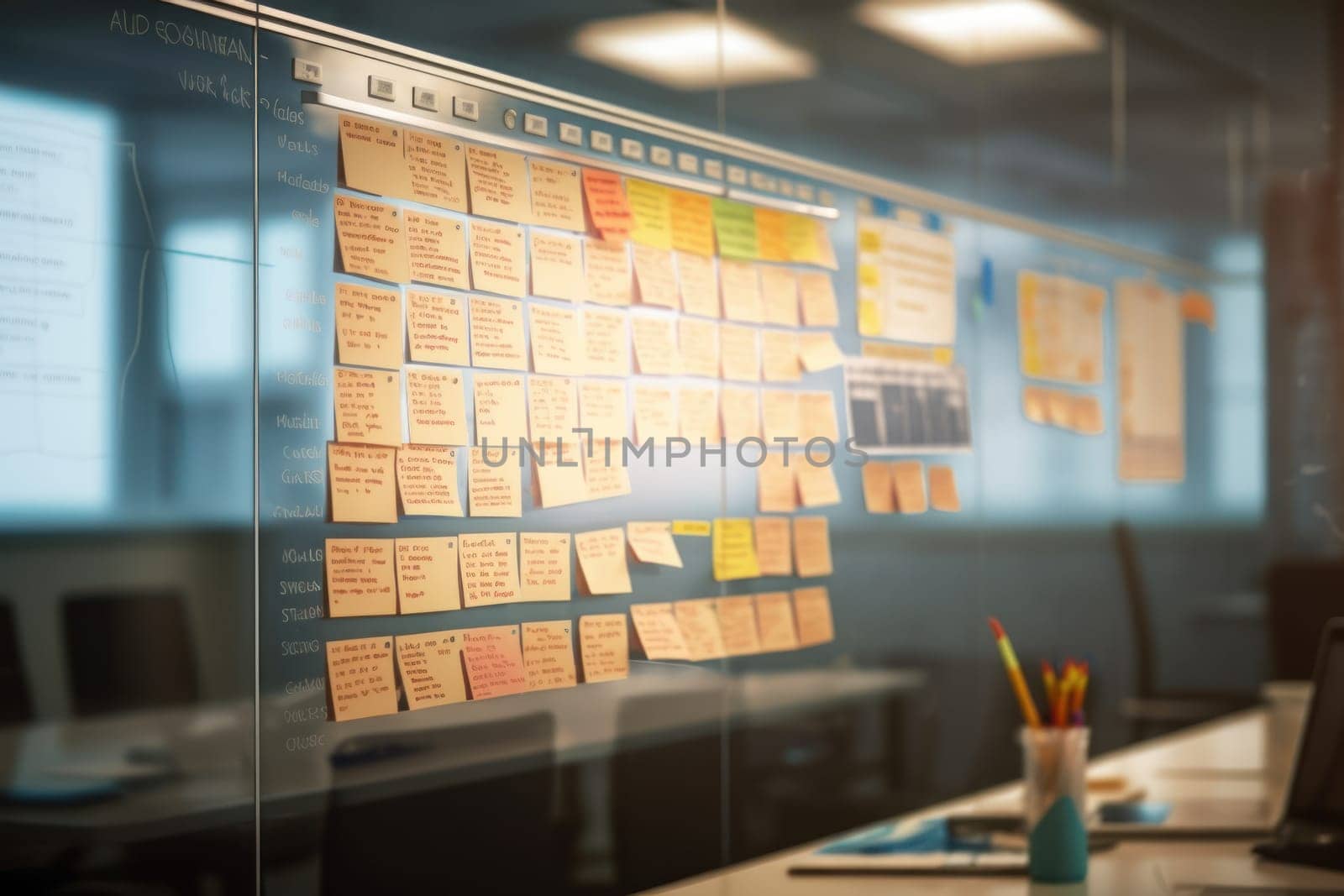 Blurred background of a whiteboard with project plans and timelines in office.