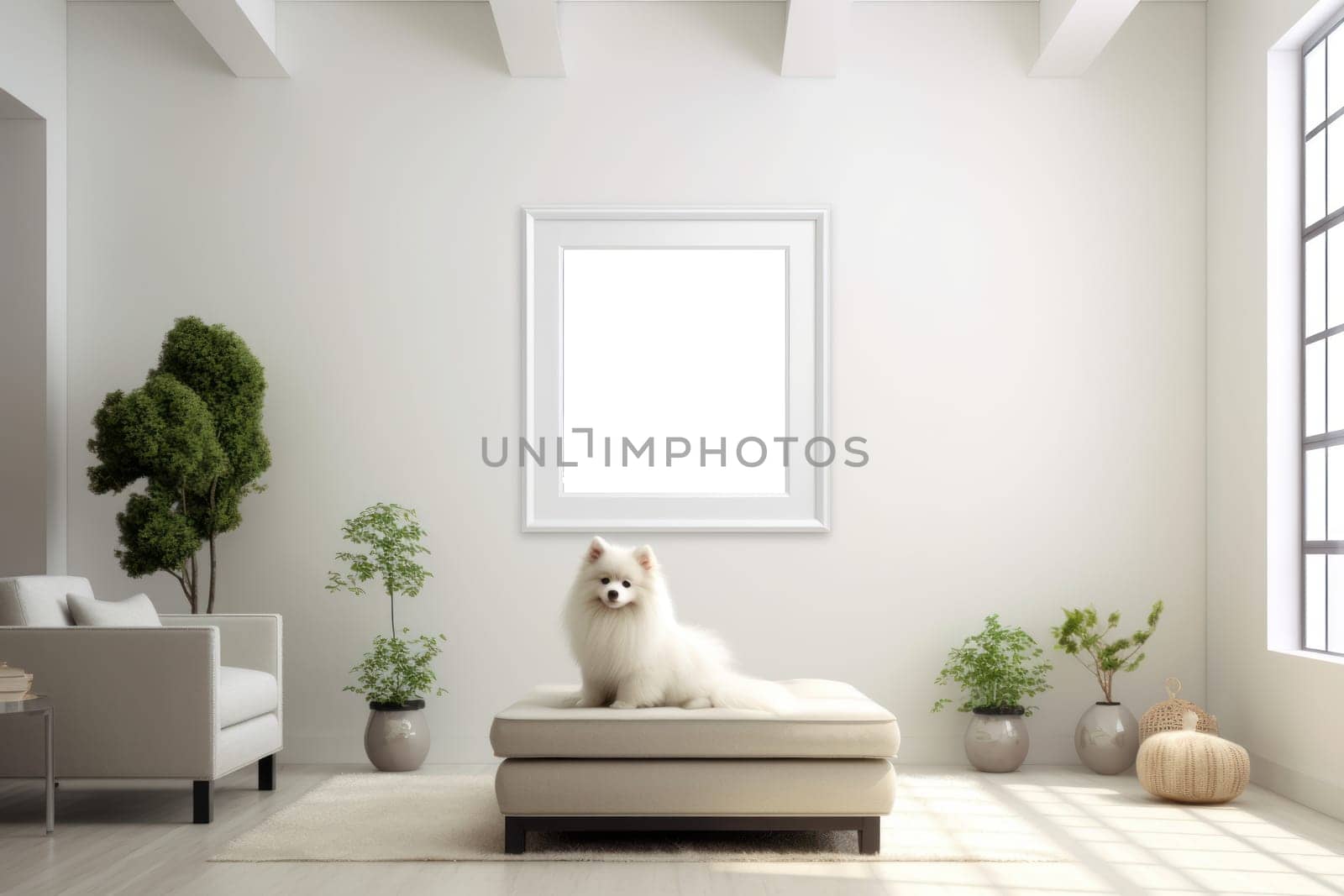Picture a bright and airy living room with a white frame mockup with Pomeranian dog Generative AI.
