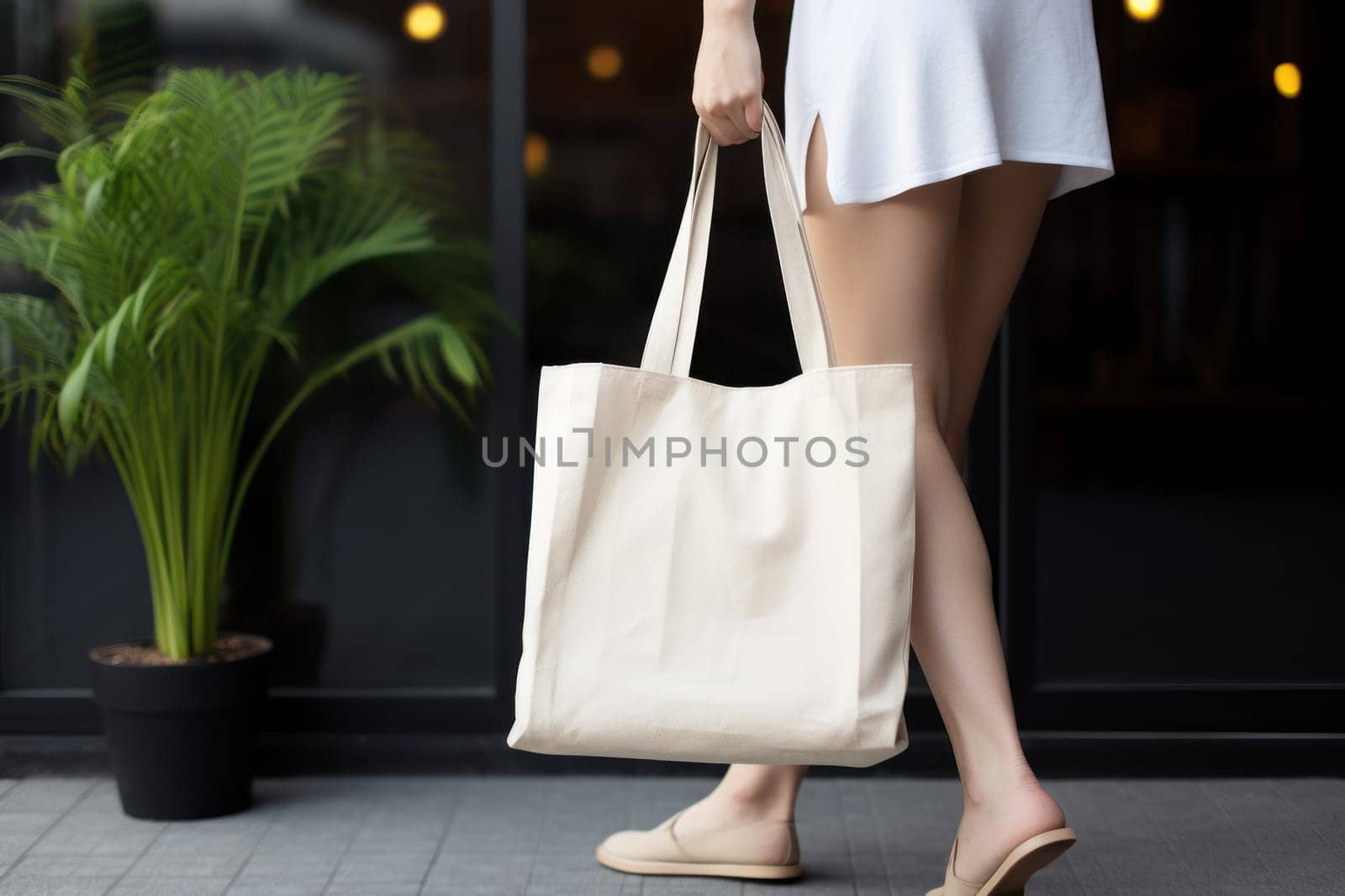 Model hold blank white fabric mockup bag for save environment on street fashion by nijieimu