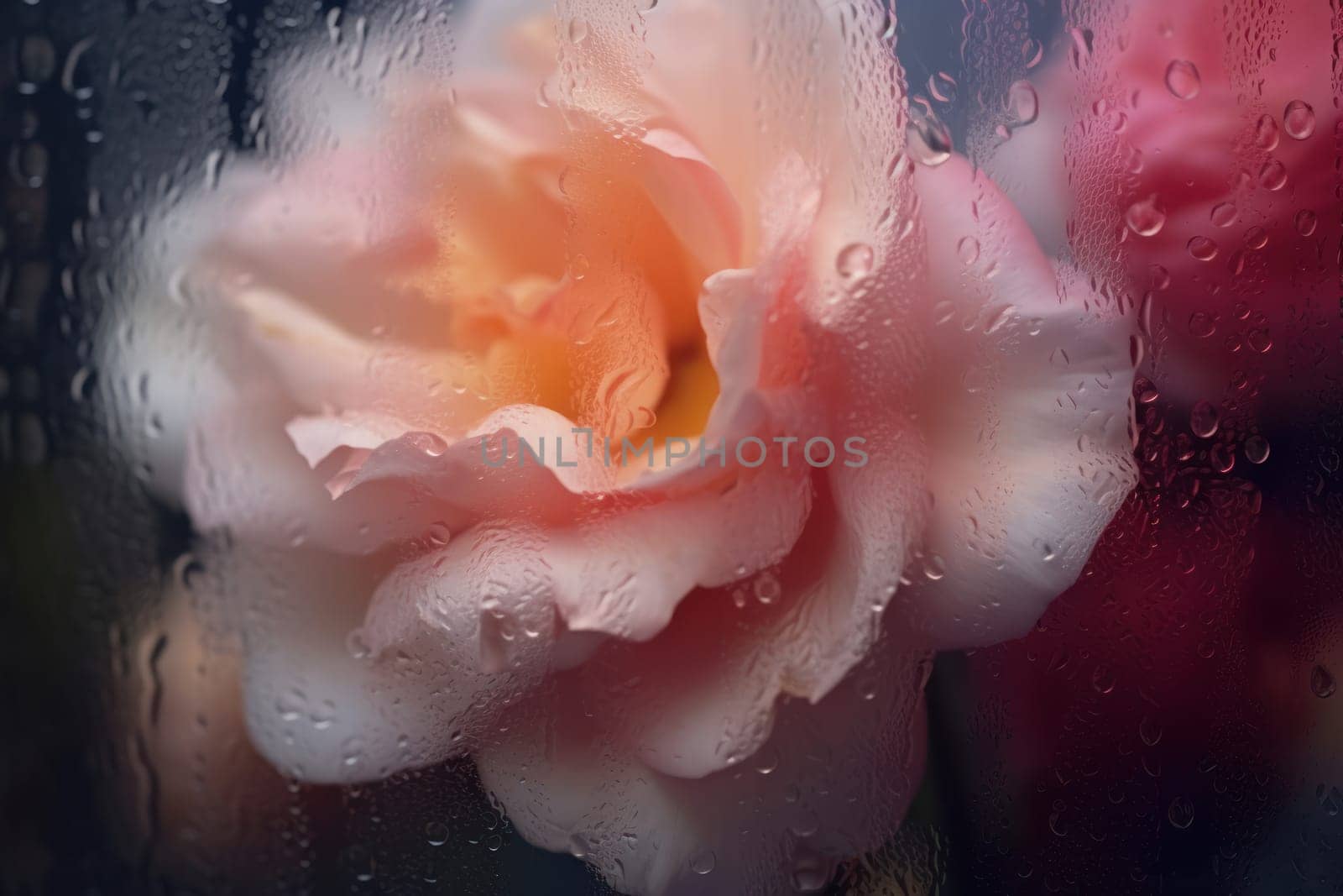 Background of blooming flowers in front of glass with water drops Stock Photo.